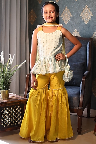 Green Silk Sharara Set For Girls by Kirti Agarwal Pret n Couture