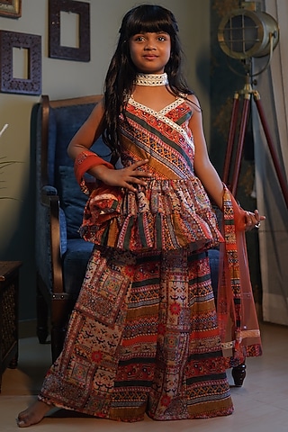Multi-Colored Silk Printed Palazzo Pant Set For Girls by Kirti Agarwal Pret n Couture