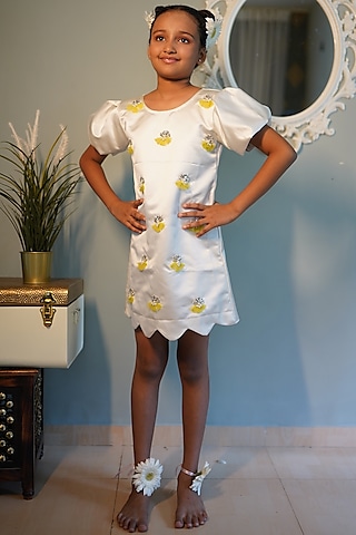 White Satin Embroidered Dress For Girls by Kirti Agarwal Pret n Couture