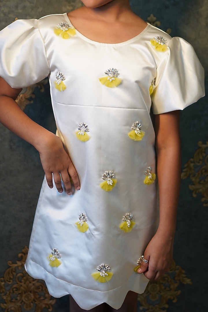 White Satin Embroidered Dress For Girls by Kirti Agarwal Pret n Couture at Pernia's Pop Up Shop