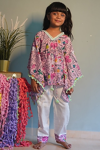 Pink Printed Kaftan Set For Girls by Kirti Agarwal Pret n Couture