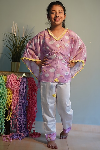 Pink Kaftan Set With Print For Girls by Kirti Agarwal Pret n Couture
