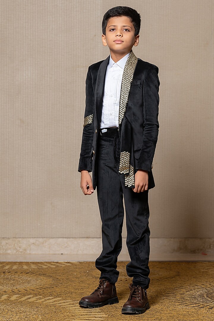 Black Suede & Giza Cotton Embroidered Blazer Set For Boys by  Kirti Agarwal Pret n Couture