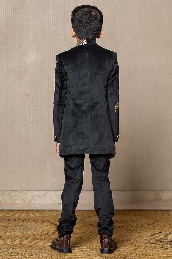 Black Suede & Giza Cotton Embroidered Blazer Set For Boys by Kirti Agarwal Pret n Couture at Pernia's Pop Up Shop