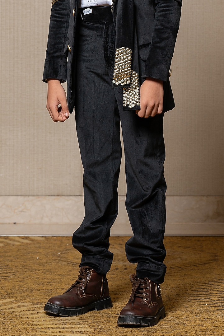 Black Suede & Giza Cotton Embroidered Blazer Set For Boys by Kirti Agarwal Pret n Couture at Pernia's Pop Up Shop