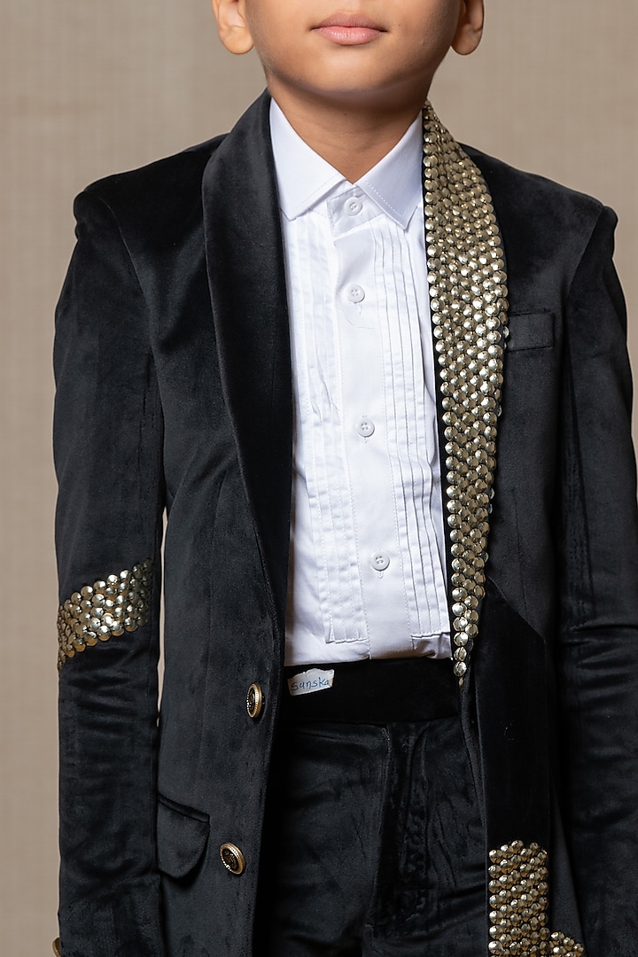 Black Suede & Giza Cotton Embroidered Blazer Set For Boys by Kirti Agarwal Pret n Couture at Pernia's Pop Up Shop