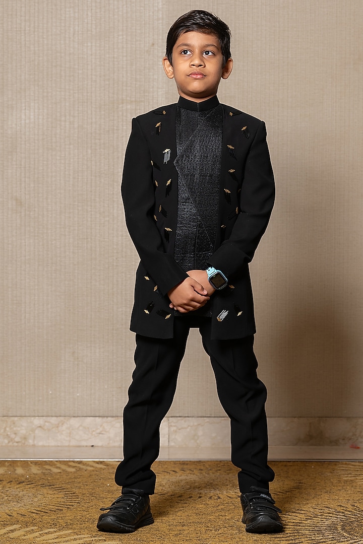 Black Armani Fabric Embroidered Jacket Set For Boys by  Kirti Agarwal Pret n Couture