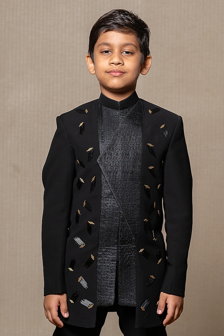 Black Armani Fabric Embroidered Jacket Set For Boys by Kirti Agarwal Pret n Couture at Pernia's Pop Up Shop