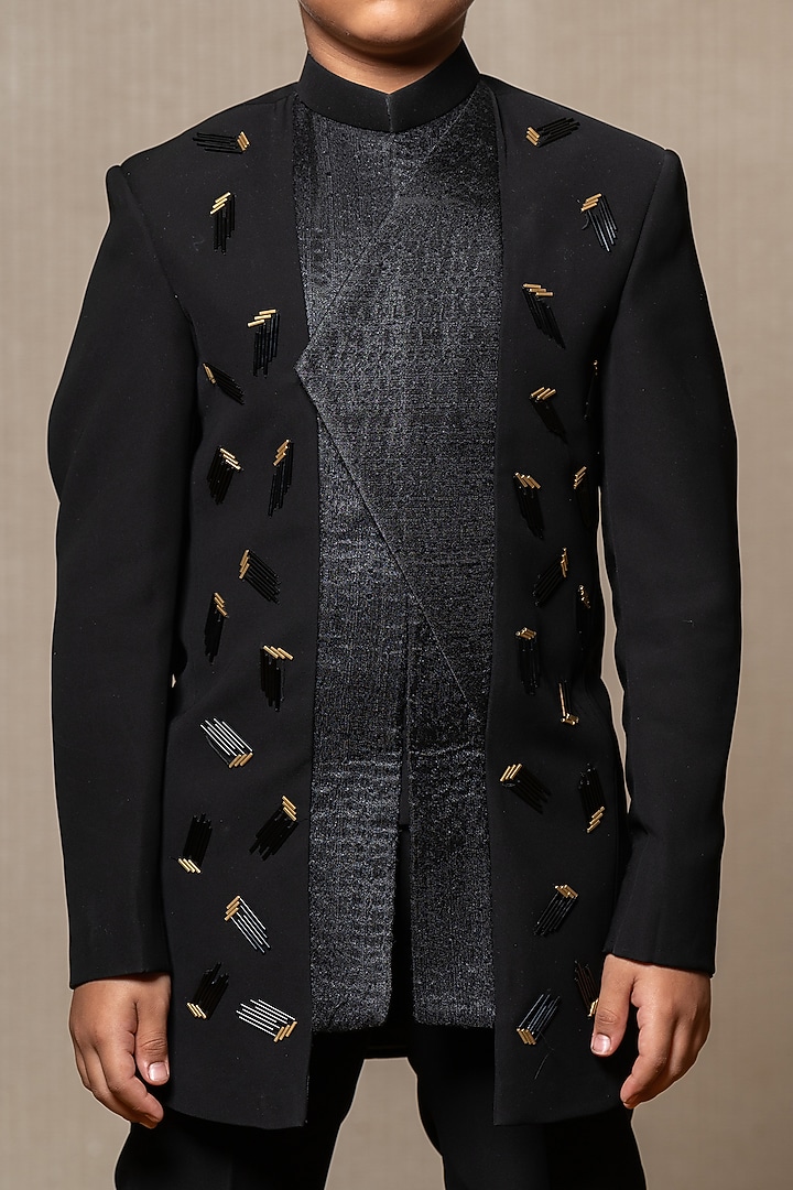 Black Armani Fabric Embroidered Jacket Set For Boys by Kirti Agarwal Pret n Couture at Pernia's Pop Up Shop