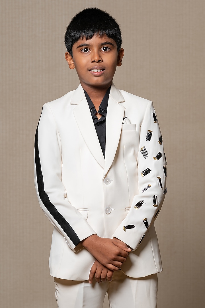 White Armani Fabric & Cotton Satin Embroidered Jacket Set For Boys by Kirti Agarwal Pret n Couture at Pernia's Pop Up Shop