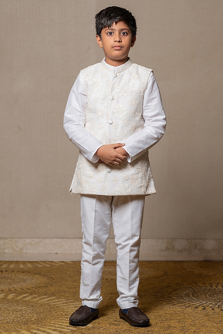 Ivory Cotton Silk & Chanderi Silk Embroidered Nehru Jacket Set For Boys by  Kirti Agarwal Pret n Couture