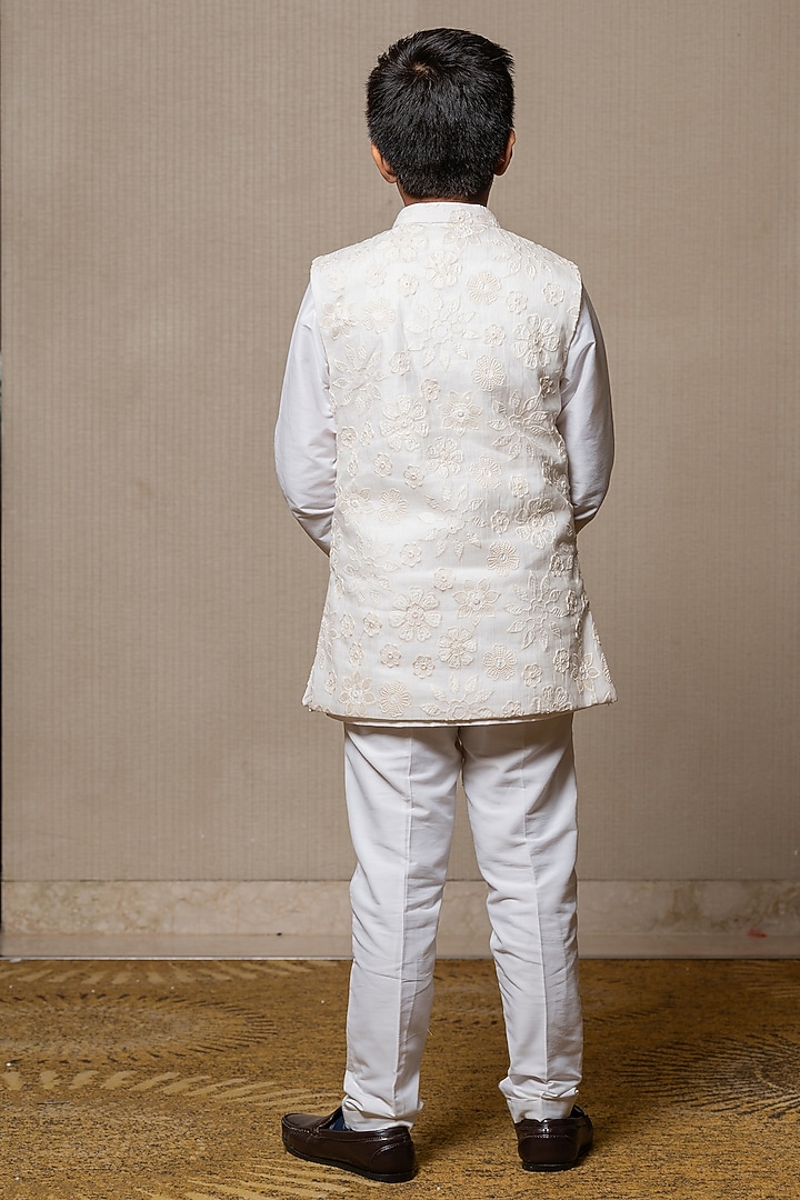 Ivory Cotton Silk & Chanderi Silk Embroidered Nehru Jacket Set For Boys by Kirti Agarwal Pret n Couture at Pernia's Pop Up Shop