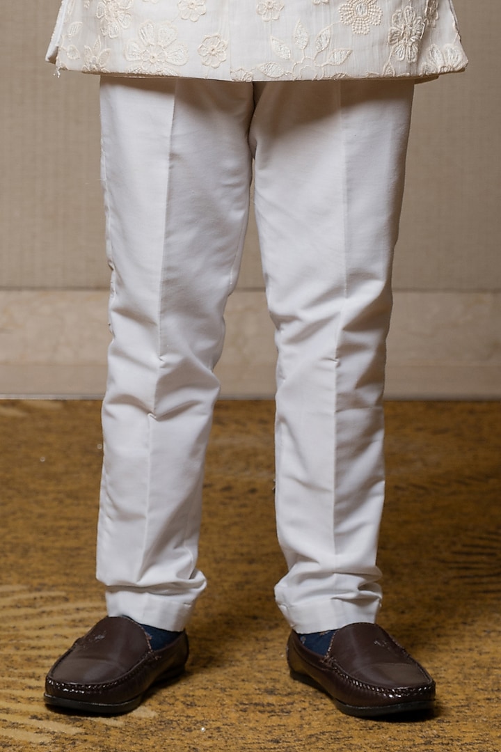 Ivory Cotton Silk & Chanderi Silk Embroidered Nehru Jacket Set For Boys by Kirti Agarwal Pret n Couture at Pernia's Pop Up Shop