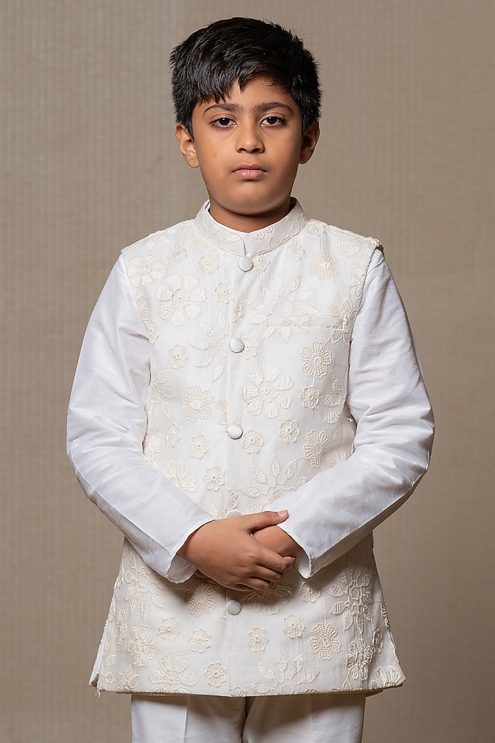 Ivory Cotton Silk & Chanderi Silk Embroidered Nehru Jacket Set For Boys by Kirti Agarwal Pret n Couture at Pernia's Pop Up Shop