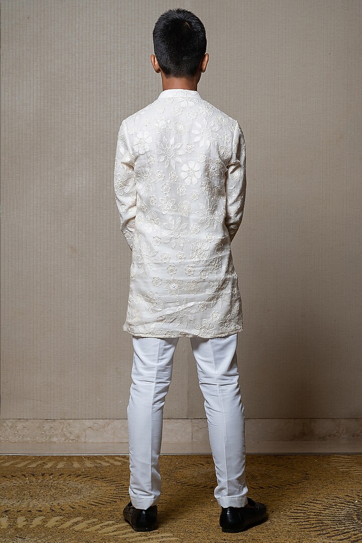 Off-White Chanderi Silk & Cotton Silk Embroidered Bandhgala Set For Boys by Kirti Agarwal Pret n Couture at Pernia's Pop Up Shop