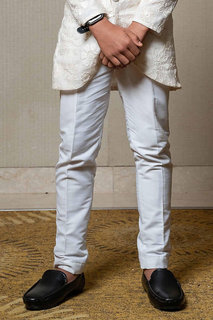 Off-White Chanderi Silk & Cotton Silk Embroidered Bandhgala Set For Boys by Kirti Agarwal Pret n Couture at Pernia's Pop Up Shop