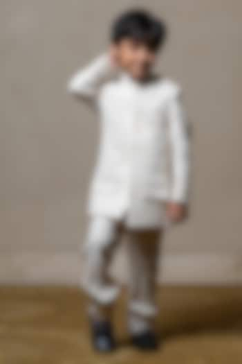 Off-White Armani Fabric Hand Embroidered Bandhgala Set For Boys by Kirti Agarwal Pret n Couture