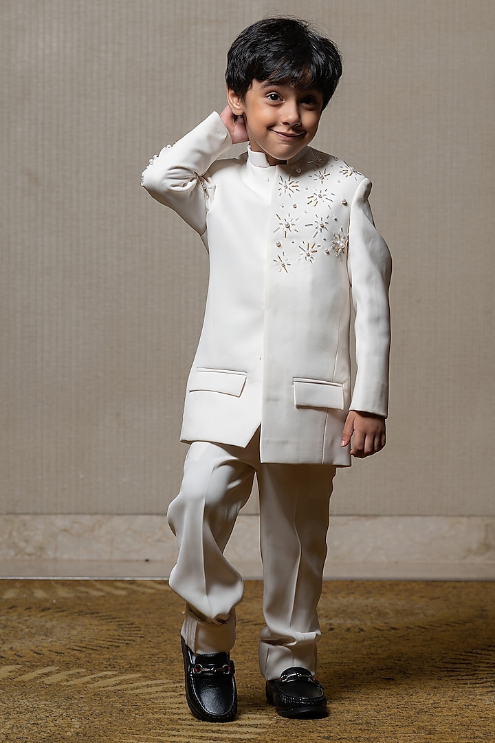 Off-White Armani Fabric Hand Embroidered Bandhgala Set For Boys by Kirti Agarwal Pret n Couture