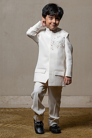 Off-White Armani Fabric Hand Embroidered Bandhgala Set For Boys by Kirti Agarwal Pret n Couture