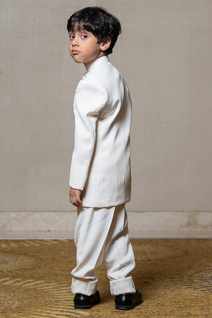 Off-White Armani Fabric Hand Embroidered Bandhgala Set For Boys by Kirti Agarwal Pret n Couture at Pernia's Pop Up Shop