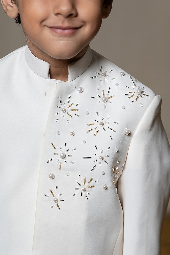 Off-White Armani Fabric Hand Embroidered Bandhgala Set For Boys by Kirti Agarwal Pret n Couture at Pernia's Pop Up Shop