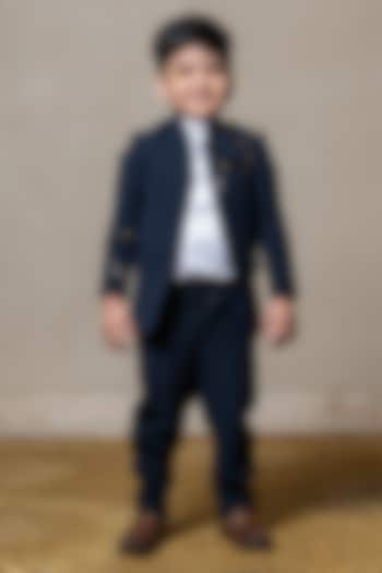 Navy Blue Armani & Giza Cotton Embroidered Blazer Set For Boys by Kirti Agarwal Pret n Couture at Pernia's Pop Up Shop