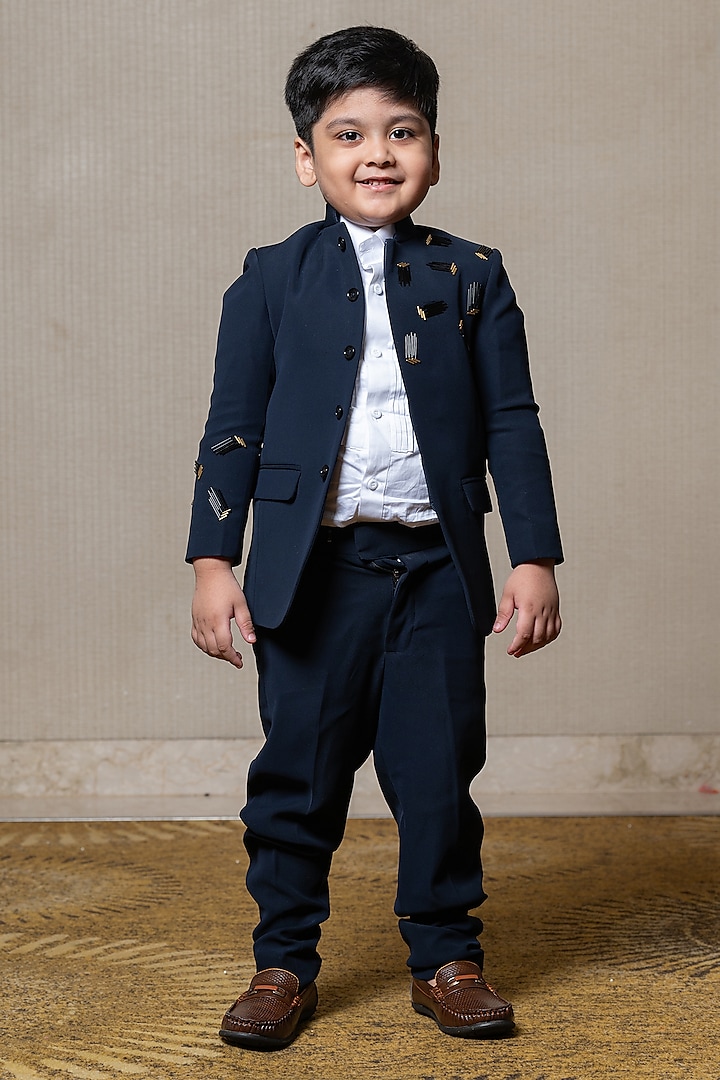 Navy Blue Armani & Giza Cotton Embroidered Blazer Set For Boys by Kirti Agarwal Pret n Couture at Pernia's Pop Up Shop