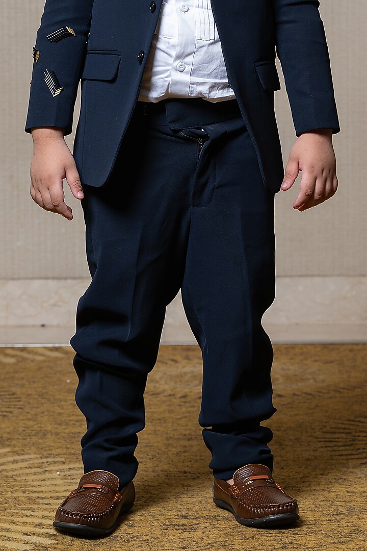 Navy Blue Armani & Giza Cotton Embroidered Blazer Set For Boys by Kirti Agarwal Pret n Couture at Pernia's Pop Up Shop