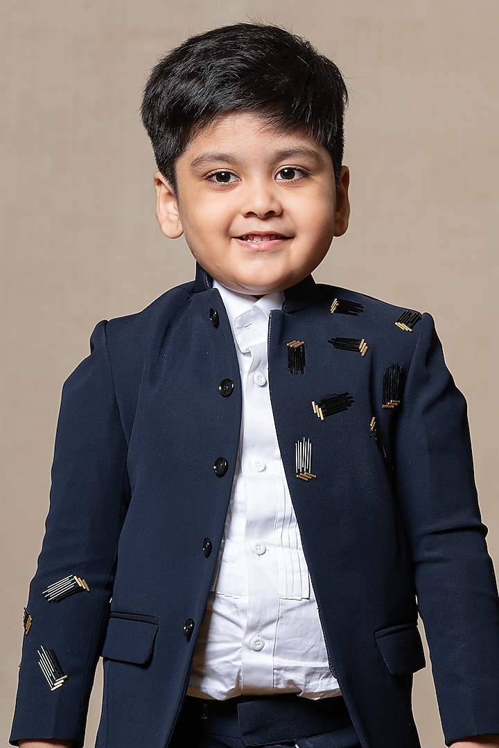 Navy Blue Armani & Giza Cotton Embroidered Blazer Set For Boys by Kirti Agarwal Pret n Couture at Pernia's Pop Up Shop