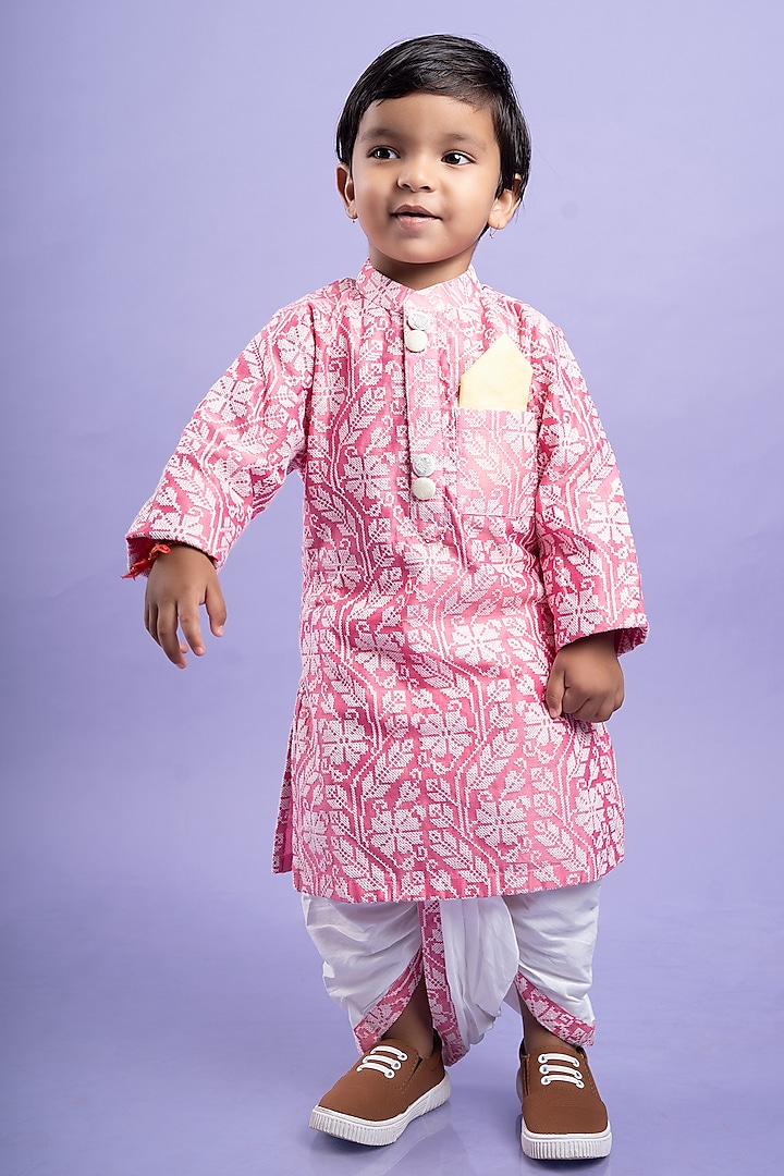 White Chanderi Silk & Cotton Silk Dhoti Set For Boys by Kirti Agarwal Pret n Couture at Pernia's Pop Up Shop