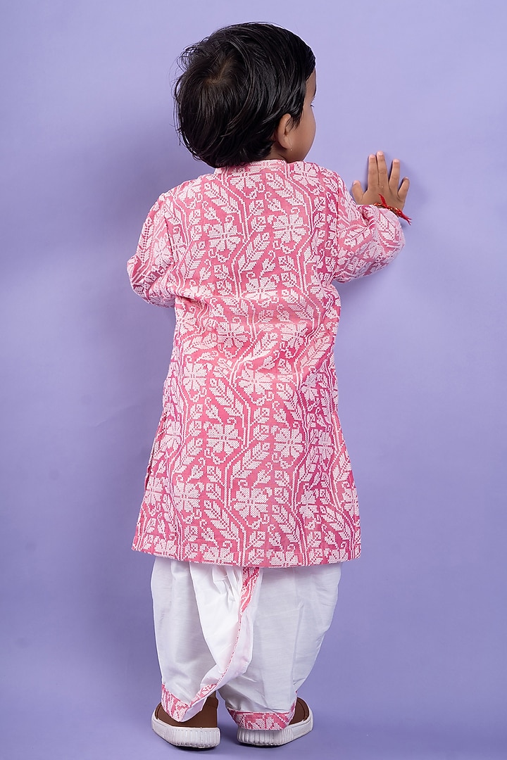 White Chanderi Silk & Cotton Silk Dhoti Set For Boys by Kirti Agarwal Pret n Couture at Pernia's Pop Up Shop