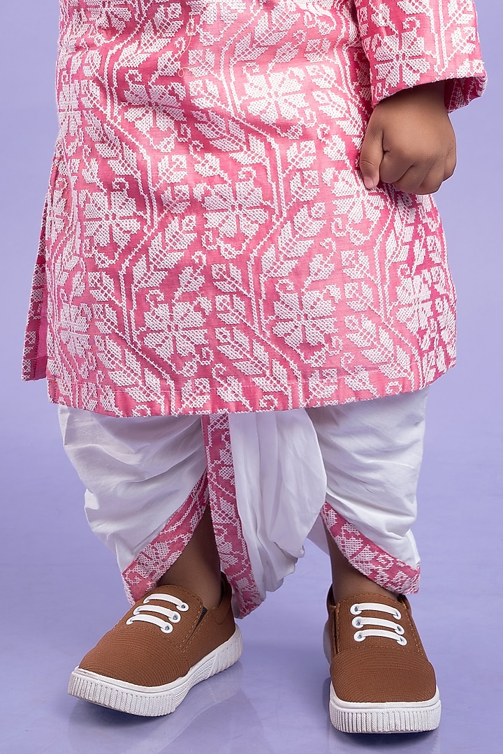 White Chanderi Silk & Cotton Silk Dhoti Set For Boys by Kirti Agarwal Pret n Couture at Pernia's Pop Up Shop