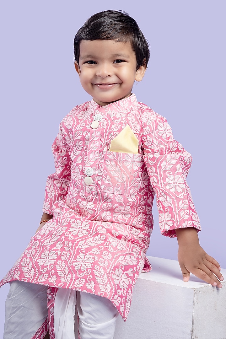 White Chanderi Silk & Cotton Silk Dhoti Set For Boys by Kirti Agarwal Pret n Couture at Pernia's Pop Up Shop
