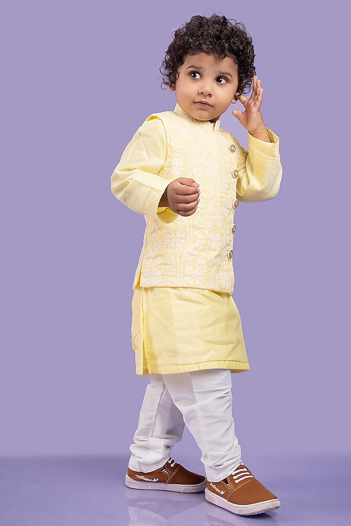 Yellow Chanderi Silk & Cotton Silk Embroidered Nehru Jacket Set For Boys by Kirti Agarwal Pret n Couture