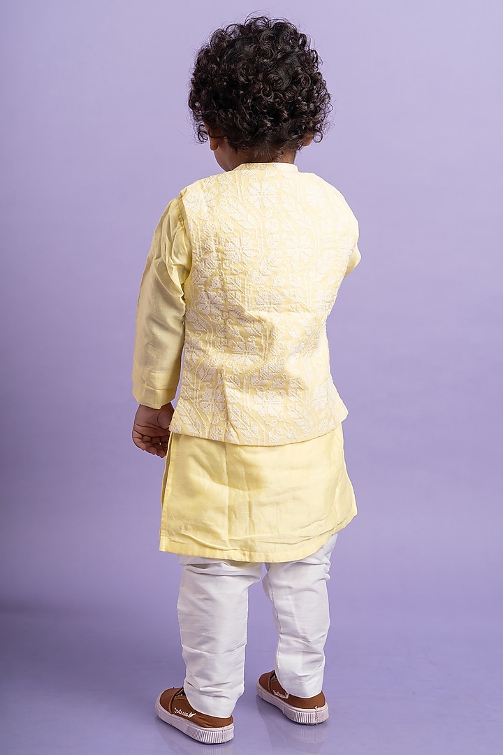 Yellow Chanderi Silk & Cotton Silk Embroidered Nehru Jacket Set For Boys by Kirti Agarwal Pret n Couture at Pernia's Pop Up Shop