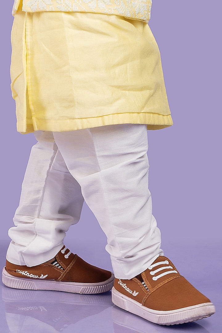 Yellow Chanderi Silk & Cotton Silk Embroidered Nehru Jacket Set For Boys by Kirti Agarwal Pret n Couture at Pernia's Pop Up Shop
