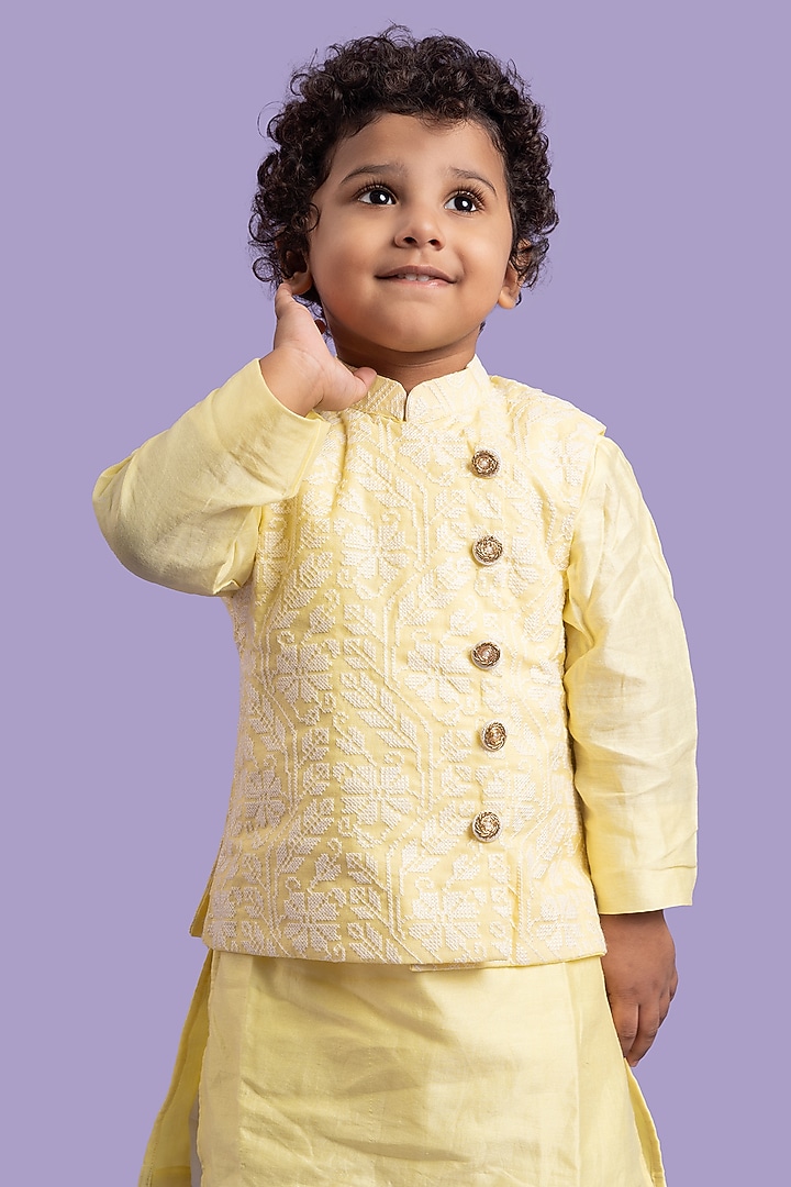Yellow Chanderi Silk & Cotton Silk Embroidered Nehru Jacket Set For Boys by Kirti Agarwal Pret n Couture at Pernia's Pop Up Shop