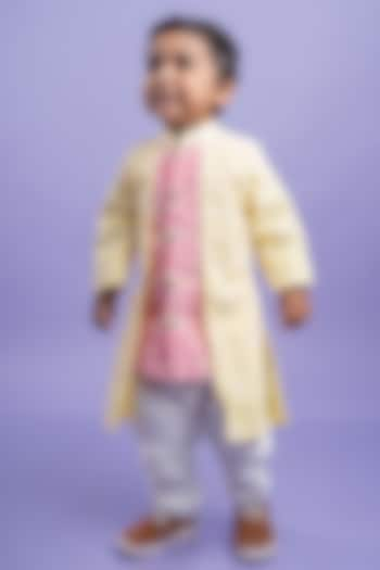 Pink Chanderi Silk & Cotton Silk Embroidered Kurta Set For Boys by Kirti Agarwal Pret n Couture at Pernia's Pop Up Shop