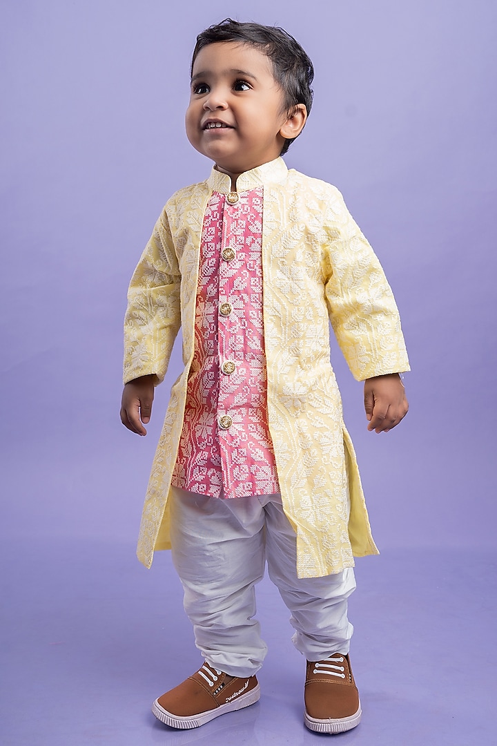 Pink Chanderi Silk & Cotton Silk Embroidered Kurta Set For Boys by Kirti Agarwal Pret n Couture at Pernia's Pop Up Shop