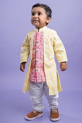 Pink Chanderi Silk & Cotton Silk Embroidered Kurta Set For Boys by Kirti Agarwal Pret n Couture