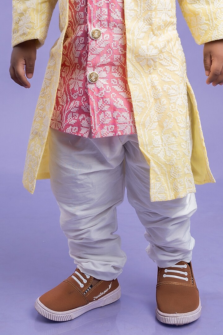 Pink Chanderi Silk & Cotton Silk Embroidered Kurta Set For Boys by Kirti Agarwal Pret n Couture at Pernia's Pop Up Shop