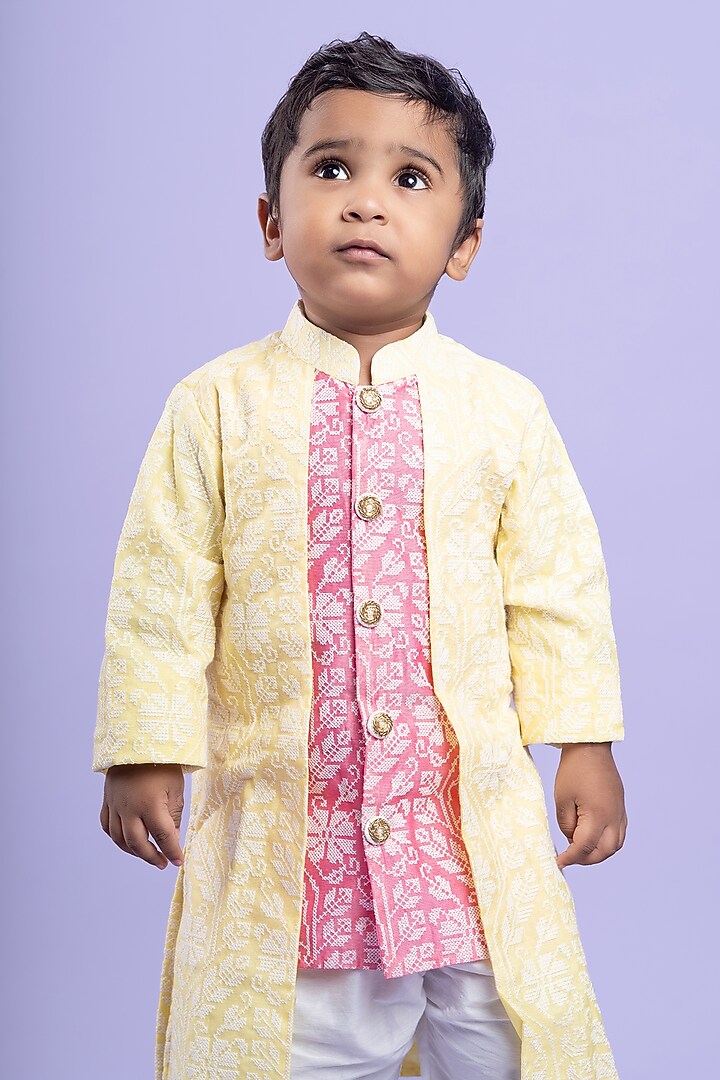Pink Chanderi Silk & Cotton Silk Embroidered Kurta Set For Boys by Kirti Agarwal Pret n Couture at Pernia's Pop Up Shop