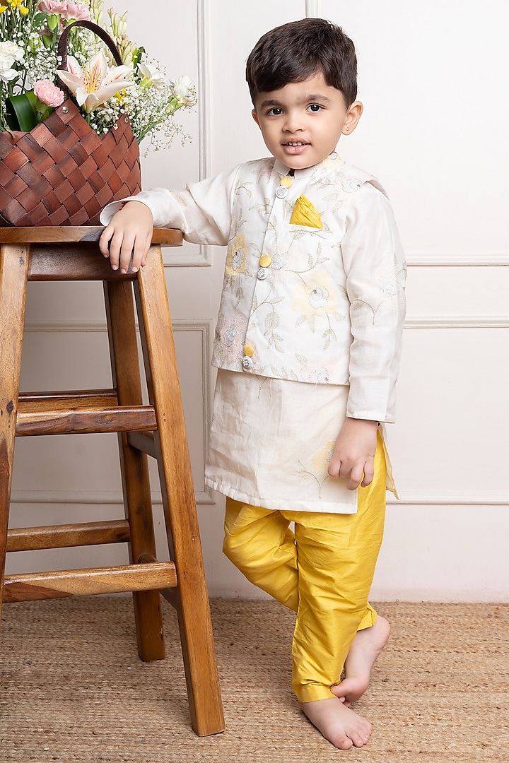 White Cotton Silk & Chanderi Silk Embroidered Nehru Jacket Set For Boys by Kirti Agarwal Pret n Couture