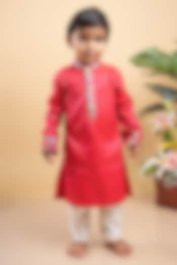 Bright Red Silk & Cotton Silk Gold Embroidered Kurta Set For Boys by Kirti Agarwal Pret n Couture at Pernia's Pop Up Shop