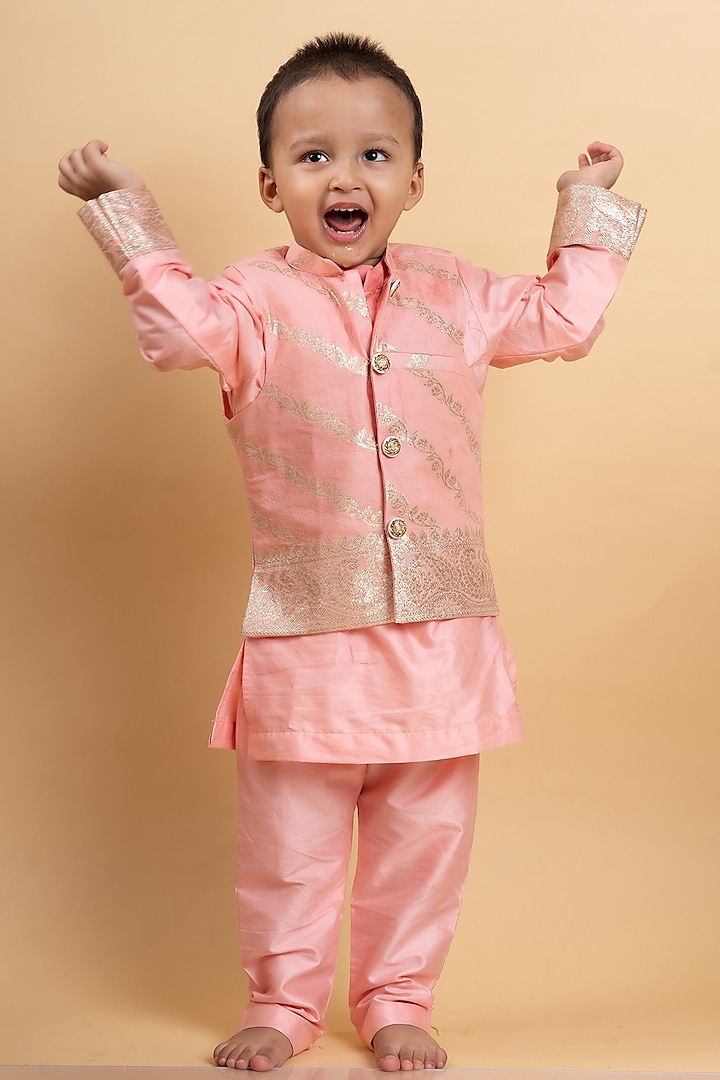 Soft Peach Chanderi Silk Gold Embroidered Jacket Set For Boys by Kirti Agarwal Pret n Couture