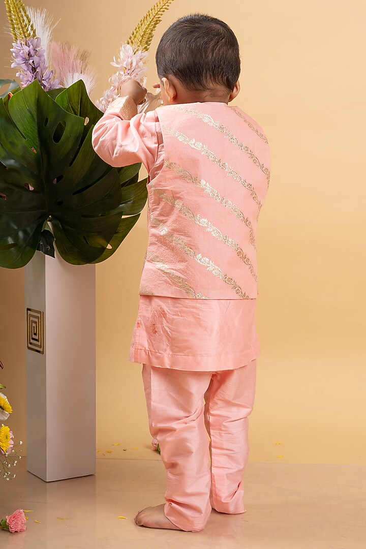 Soft Peach Chanderi Silk Gold Embroidered Jacket Set For Boys by Kirti Agarwal Pret n Couture at Pernia's Pop Up Shop