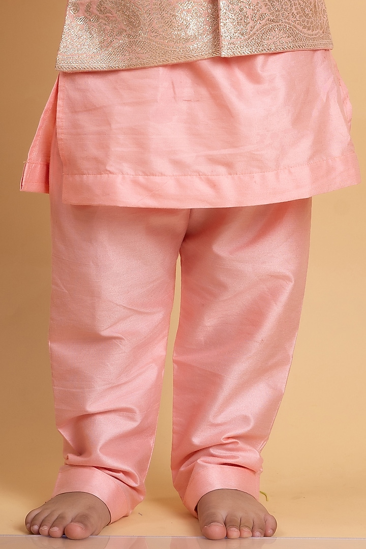 Soft Peach Chanderi Silk Gold Embroidered Jacket Set For Boys by Kirti Agarwal Pret n Couture at Pernia's Pop Up Shop