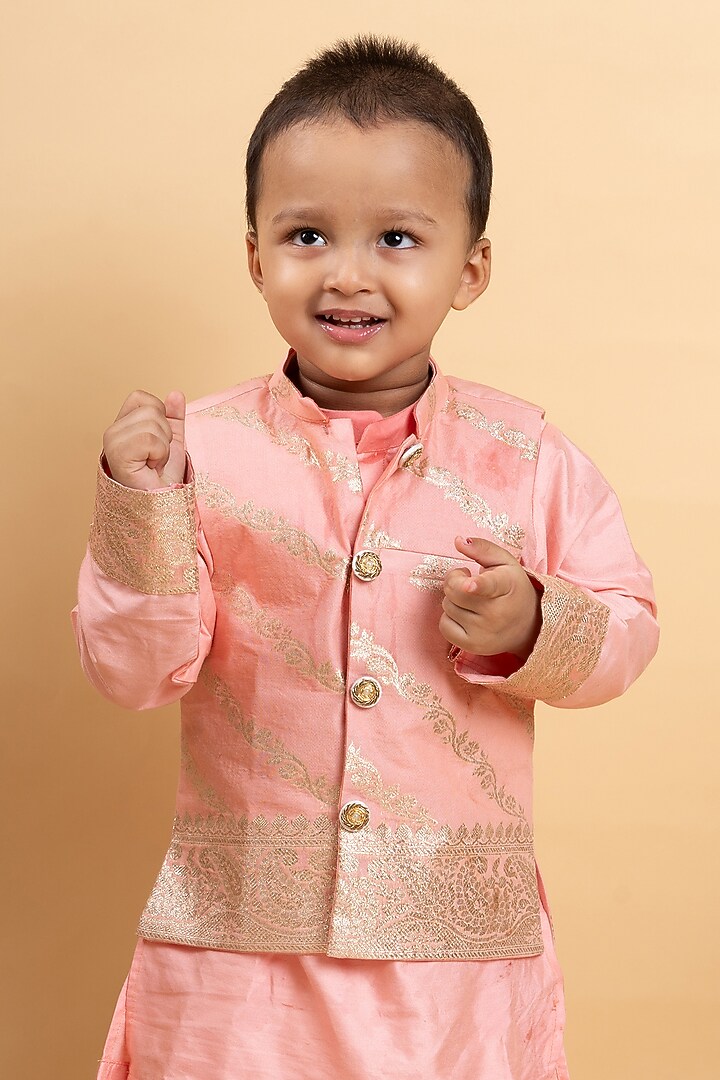 Soft Peach Chanderi Silk Gold Embroidered Jacket Set For Boys by Kirti Agarwal Pret n Couture at Pernia's Pop Up Shop