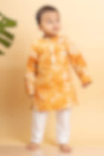 Rust Orange Chanderi Silk Tie-Dye Printed Kurta Set For Boys by Kirti Agarwal Pret n Couture