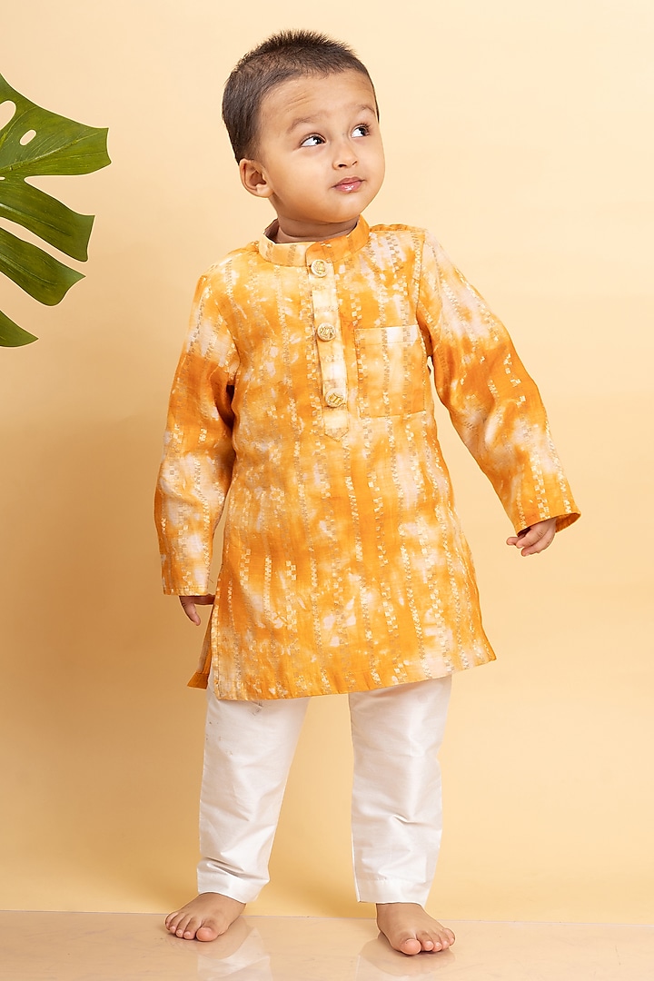 Rust Orange Chanderi Silk Tie-Dye Printed Kurta Set For Boys by Kirti Agarwal Pret n Couture